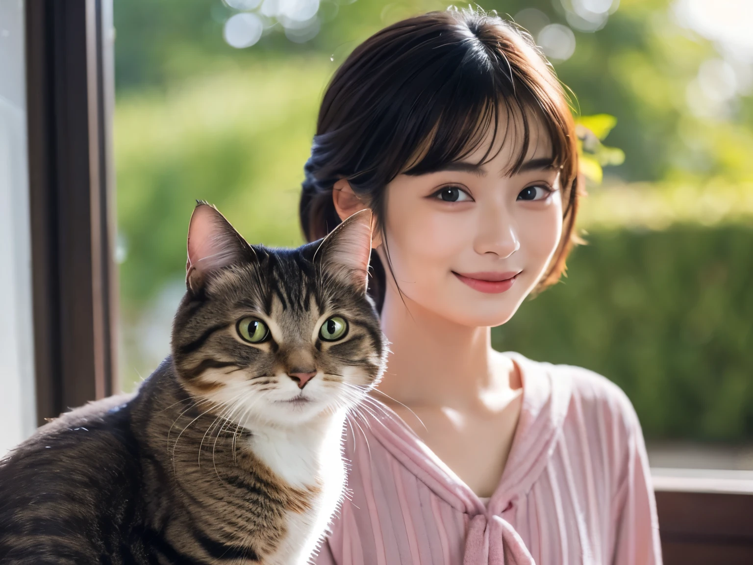 Un rostro como el de Suzu Hirose、mirando al espectador、sonriente、chica de 16 años、bulto en el pecho、peinado bob、Máxima calidad de imagen、8k、Hay un gato、