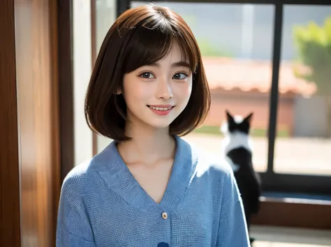 A face like Suzu Hirose、looking at the viewer、smiling、16 year old girl、chest bulge、bob hairstyle、Highest image quality、8k、There ...