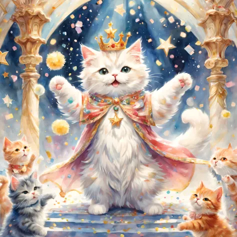 ((Playing cat)),dance,raise your hand,jump,open your mouth,indoor,masterpiece,highest quality,fluffy cat,a bit,cute,Futebutesi,fun,happiness,,Fashionable scenery,Sparklingエフェクト,celebration,anatomically correct,All the best,最高にcute猫,cute猫，,fantasy,randolph ...