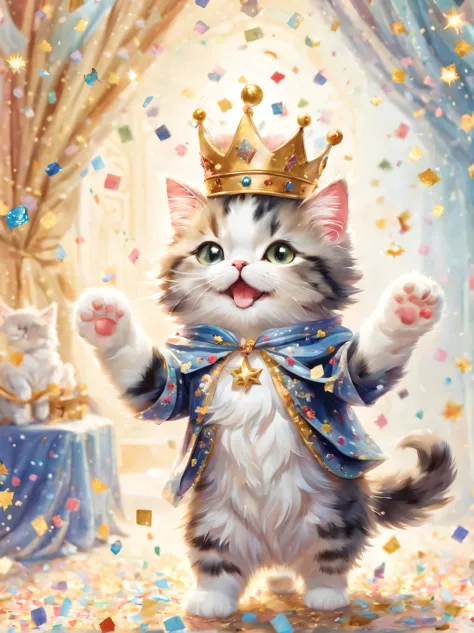 ((Playing cat)),((Hanabubuki)),dance,raise your hand,jump,open your mouth,indoor,masterpiece,highest quality,fluffy cat,a bit,cute,Futebutesi,fun,happiness,,Fashionable scenery,Sparklingエフェクト,celebration,anatomically correct,All the best,最高にcute猫,cute猫，,fa...