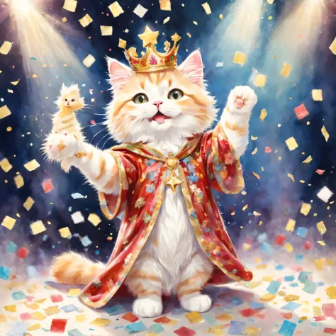 ((Playing cat)),((Hanabubuki)),dance,raise your hand,jump,open your mouth,indoor,masterpiece,highest quality,fluffy cat,a bit,cute,Futebutesi,fun,happiness,,Fashionable scenery,Sparklingエフェクト,celebration,anatomically correct,All the best,最高にcute猫,cute猫，,fa...