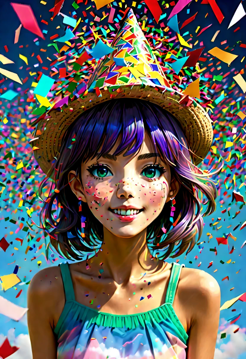 (Beautiful girl wearing confetti hat:1.4)，(Colored confetti:1.5)，Colored confetti flying in the sky，Floating confetti fills the sky，in scraps of paper，hyper detailed masterpiece, Dynamic, good quality,Floating Extra Large Ethereal Colorful Heart DonMW15pXL