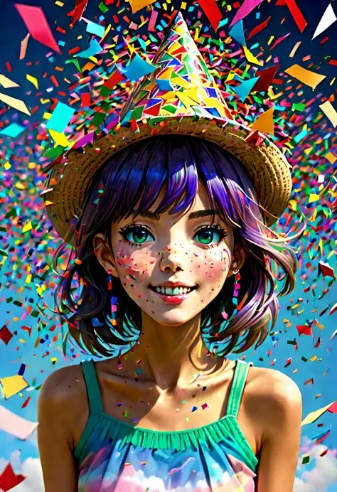 (Beautiful girl wearing confetti hat:1.4)，(Colored confetti:1.5)，Colored confetti flying in the sky，Floating confetti fills the ...