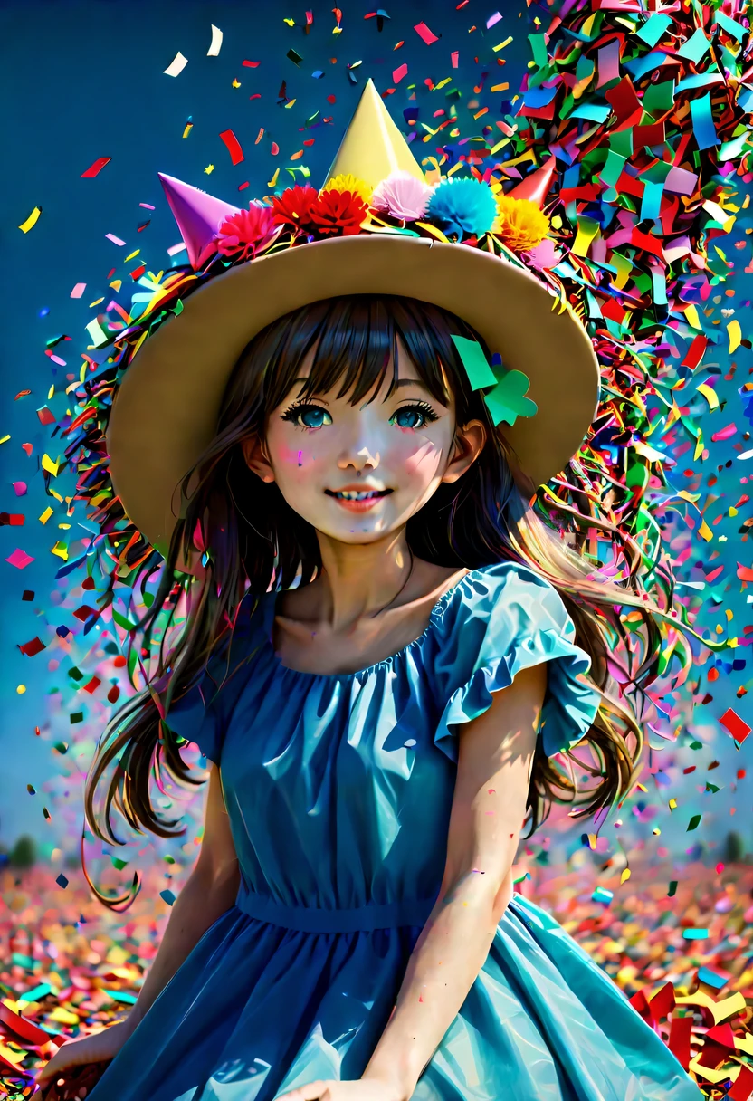 (Beautiful girl wearing confetti hat:1.4)，(Colored confetti:1.5)，Colored confetti flying in the sky，Floating confetti fills the sky，in scraps of paper，hyper detailed masterpiece, Dynamic, good quality,Floating Extra Large Ethereal Colorful Heart DonMW15pXL