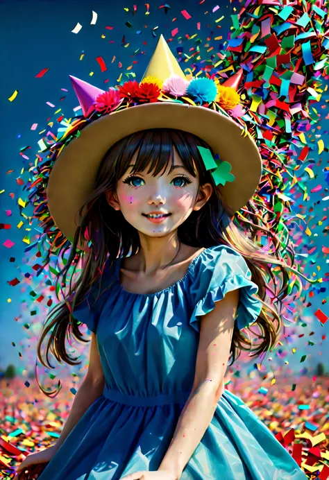 (Beautiful girl wearing confetti hat:1.4)，(Colored confetti:1.5)，Colored confetti flying in the sky，Floating confetti fills the ...