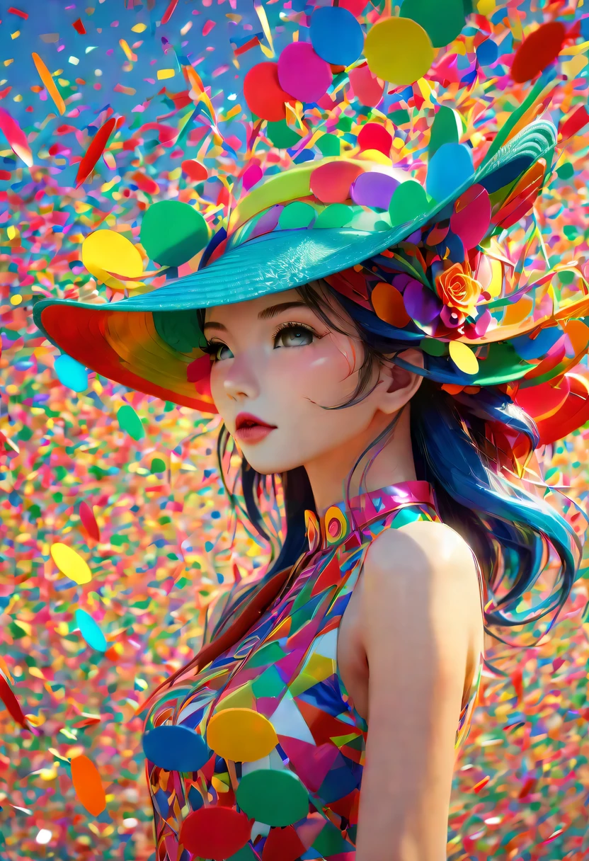 (Beautiful girl wearing confetti straw hat:1.4)，(Colored confetti:1.5)，Colored confetti flying in the sky，Floating confetti fills the sky，in scraps of paper，hyper detailed masterpiece, Dynamic, good quality,floating colorful hearts