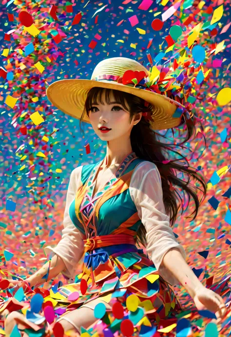 (Beautiful girl wearing confetti straw hat:1.4)，(Colored confetti:1.5)，Colored confetti flying in the sky，Floating confetti fill...