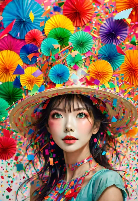 (Beautiful girl wearing confetti straw hat:1.4)，(Colored confetti:1.5)，Colored confetti flying in the sky，Floating confetti fill...