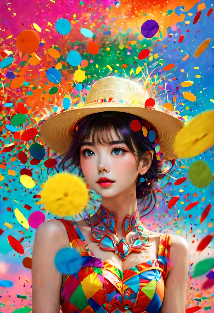 (Beautiful girl wearing confetti straw hat:1.4)，(Colored confetti:1.5)，Colored confetti flying in the sky，Floating confetti fills the sky，in scraps of paper，hyper detailed masterpiece, Dynamic, good quality,Floating Extra Large Ethereal Colorful Heart DonMW15pXL