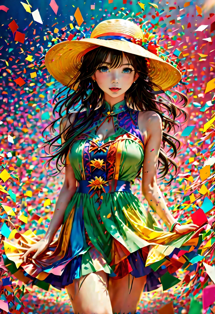 (Beautiful girl wearing confetti straw hat:1.4)，(Colored confetti:1.5)，Colored confetti flying in the sky，Floating confetti fills the sky，in scraps of paper，hyper detailed masterpiece, Dynamic, good quality,Floating Extra Large Ethereal Colorful Heart DonMW15pXL