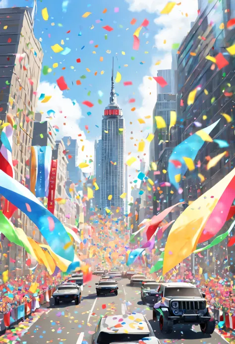 Victory Parade on Manhattan&#39;s Main Street, a large crowd gathers, (An incredible amount of confetti falls from the sky:1.3), skyscraper, Smiling athletes waving from the top of the car