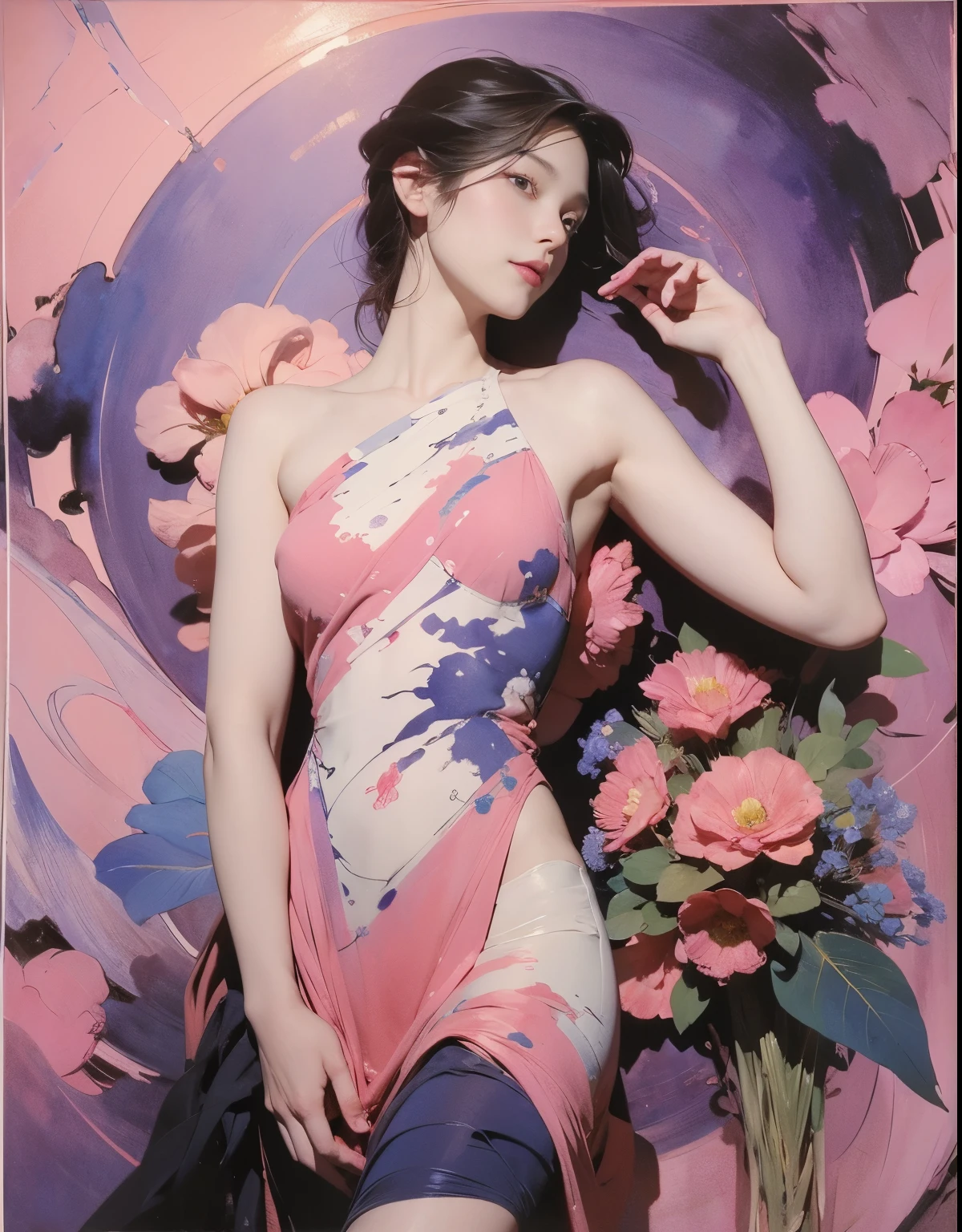 1girl,flower, Lisianthus ,in the style of light pink and light azure, dreamy and romantic compositions, pale pink, ethereal foliage, playful arrangements,fantasy, high contrast, ink strokes, explosions, over exposure, purple and red tone impression , abstract, ((watercolor painting by John Berkey and Jeremy Mann )) brush strokes, negative space,