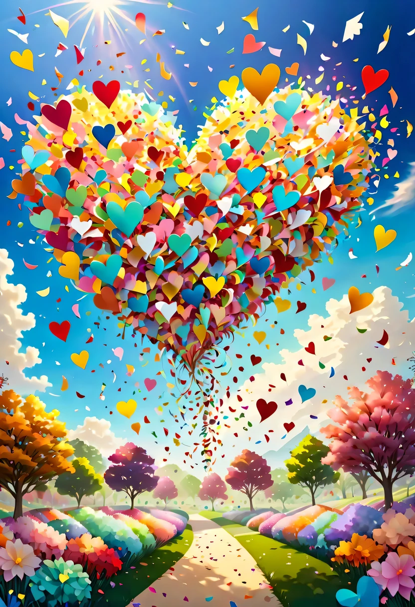 Colored confetti:1.5，Colored confetti flying in the sky，Floating confetti fills the sky，The garden is littered with confetti，in scraps of paper，hyper detailed masterpiece, Dynamic, good quality,Floating Extra Large Ethereal Colorful Heart DonMW15pXL