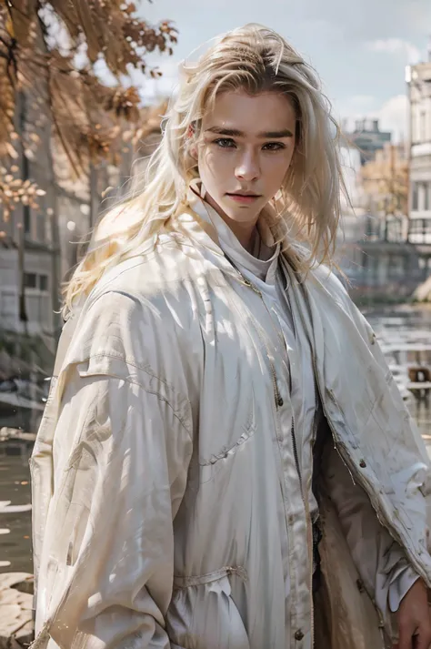 boy rides a white horse along the river. blonde hair, big eyes, Dark jacket