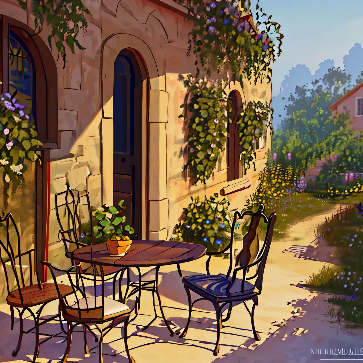 Cuadro de una mesa y sillas en el exterior de una casa con un racimo de uvas., inspired by Guido Borelli da Caluso, by Guido Borelli da Caluso, hermosa pintura digital, hermosa alta resolución, hermosa pintura mate al óleo, hermosa obra de arte digital, Pintura al óleo de alto detalle, pintura digital muy detallada, Estilo de pintura realista, jardinería, por Grzegorz Rutkowski