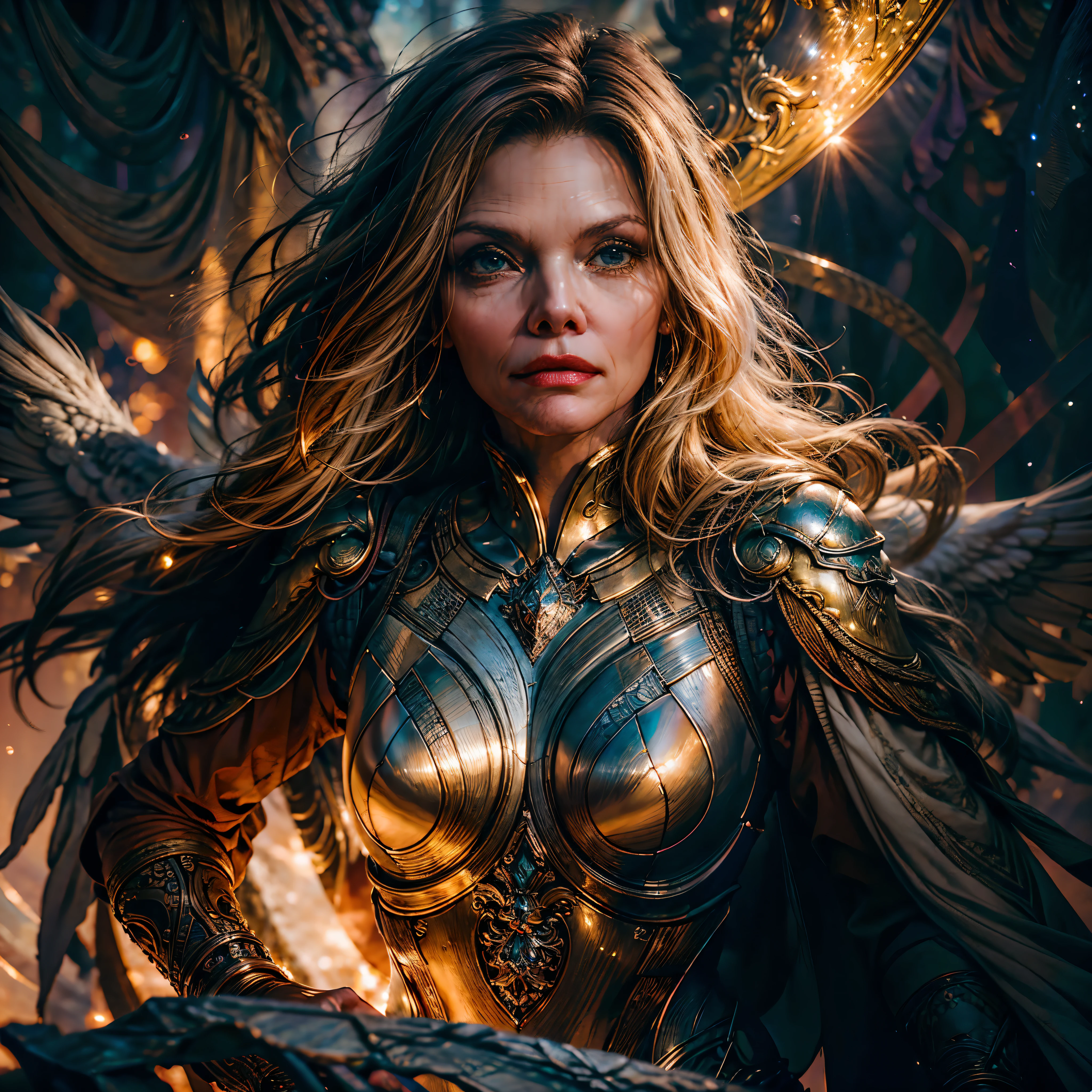 Epic Beautiful painting of Michelle-Pfeiffer as perfect gorgeous female warrior, shapeless long fullbody, perfect features, (wearing extremely baroque armor Chainmail_Armor), abstract beauty, near perfection, pure form, dynamic pose, ethereal background, (deep dark shadows), (strong cinematic lighting), (back lighting), "Michelle-Pfeiffer" concept art by Greg Rutkowski and John William Waterhouse and Alphonse Mucha, epic stunning details, intricate details, hyper post-production, ultra High resolution, ultra high details, trending on ArtStation, ultra sharp focus, depth of field f/1.8, studio photos, (((looking at camera))) magv1ll high details, best quality, absurdres [ultra detailed], masterpiece, ultra high best quality, (extremely detailed), dynamic angle, ultra wide shot, photorealistic, ((fantasy art)) ((larry elmore style)), dnd art, rpg art, realistic art, female human druid of the stars, guardian of nature, controlling magical energy made of stars, swirling blue stary magical light, divine symbols (1.5 intricate details, Masterpiece, best quality, absurdres), human female, extremally beautiful, ultra feminine, dynamic hair, dynamic hair color, wearing leather armor, holding a staff, moon light, stars, dynamic natural background, RPG art, magical atmosphere magic-fantasy-forest, ultra best realistic, best details, best quality, absurdres, [ultra detailed], masterpiece, ultra best quality, (extremely detailed), ultra wide shot, photorealism, depth of field, hyper realistic painting, 3D rendering, varies multi etc. --v 6 --s 1000 --c 20 --q 20 --chaos 100