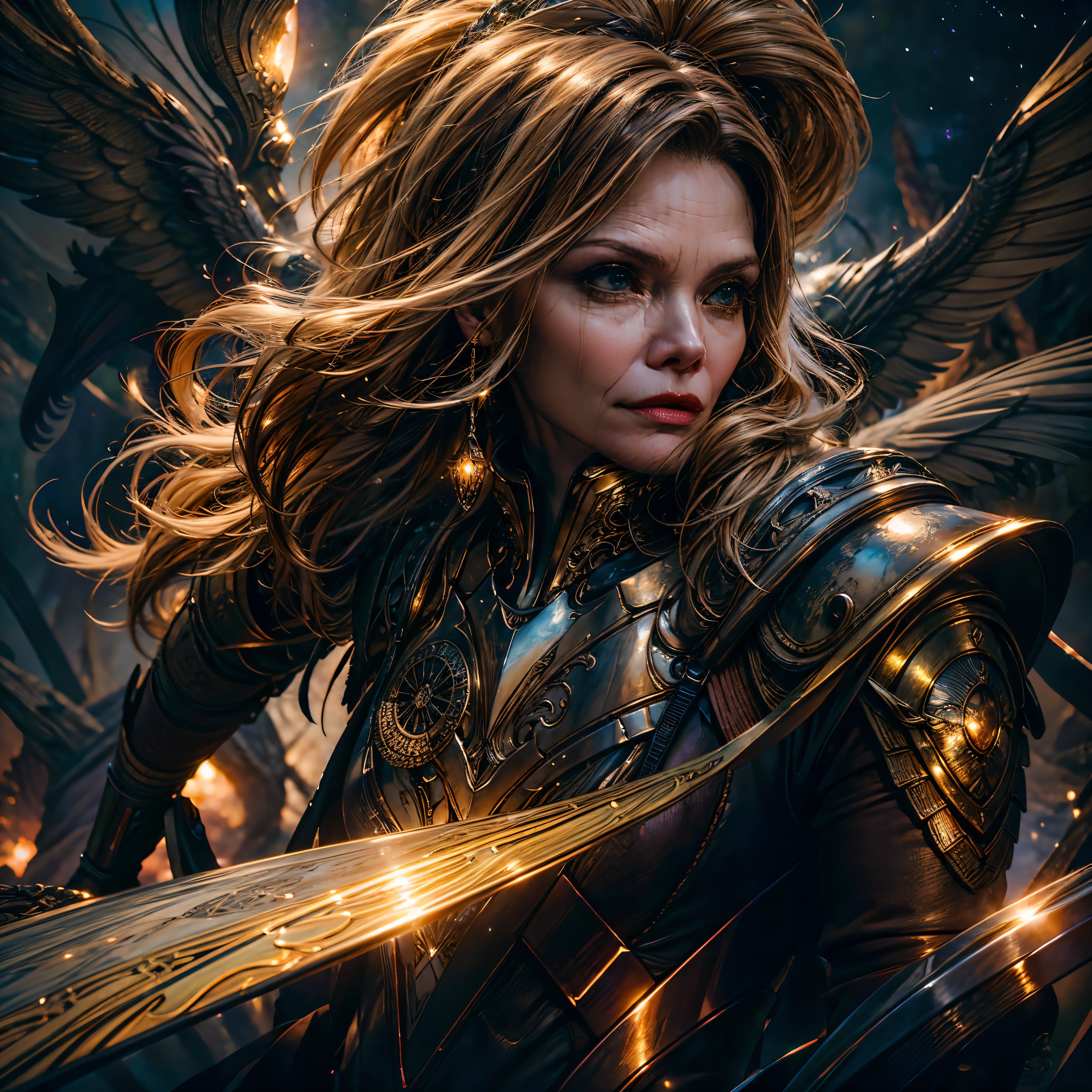 Epic Beautiful painting of Michelle-Pfeiffer as perfect gorgeous female warrior, shapeless long fullbody, perfect features, (wearing extremely baroque armor Chainmail_Armor), abstract beauty, near perfection, pure form, dynamic pose, ethereal background, (deep dark shadows), (strong cinematic lighting), (back lighting), "Michelle-Pfeiffer" concept art by Greg Rutkowski and John William Waterhouse and Alphonse Mucha, epic stunning details, intricate details, hyper post-production, ultra High resolution, ultra high details, trending on ArtStation, ultra sharp focus, depth of field f/1.8, studio photos, (((looking at camera))) magv1ll high details, best quality, absurdres [ultra detailed], masterpiece, ultra high best quality, (extremely detailed), dynamic angle, ultra wide shot, photorealistic, ((fantasy art)) ((larry elmore style)), dnd art, rpg art, realistic art, female human druid of the stars, guardian of nature, controlling magical energy made of stars, swirling blue stary magical light, divine symbols (1.5 intricate details, Masterpiece, best quality, absurdres), human female, extremally beautiful, ultra feminine, dynamic hair, dynamic hair color, wearing leather armor, holding a staff, moon light, stars, dynamic natural background, RPG art, magical atmosphere magic-fantasy-forest, ultra best realistic, best details, best quality, absurdres, [ultra detailed], masterpiece, ultra best quality, (extremely detailed), ultra wide shot, photorealism, depth of field, hyper realistic painting, 3D rendering, varies multi etc. --v 6 --s 1000 --c 20 --q 20 --chaos 100