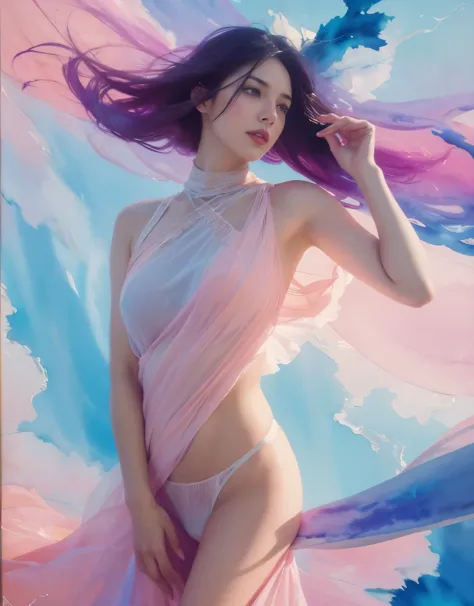 1girl,flower, Lisianthus ,in the style of light pink and light azure, dreamy and romantic compositions, pale pink, ethereal foliage, playful arrangements,fantasy, high contrast, ink strokes, explosions, over exposure, purple and red tone impression , abstr...