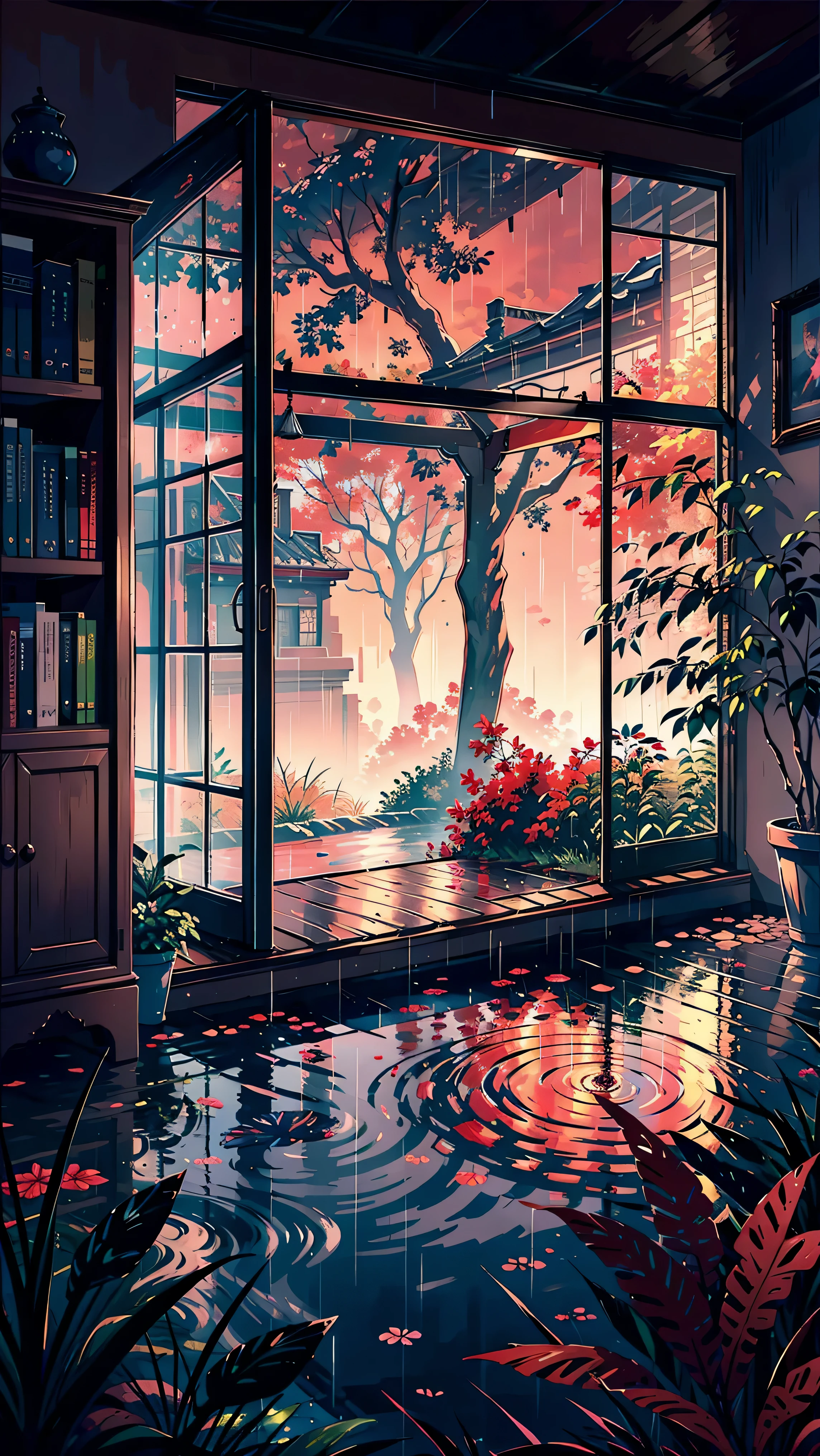 A beautiful rainy evening . View through a transparent window. Reddish sky ,dark environment . Wind flows . Various trees , a pond there , reddish sky reflects on the pond . Vee from room window  . Some books there ,softer color composition ,digital art ,ultra detailing ,HD wallpaper image