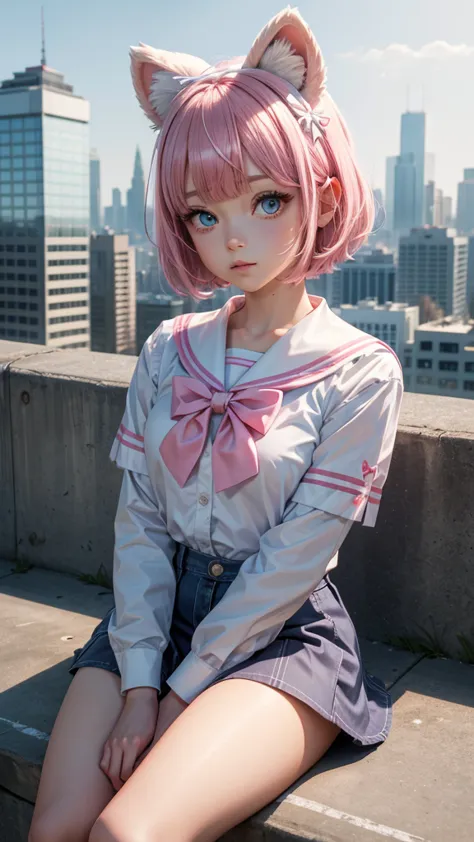 skistyle, 1girl, solo, pink hair, animal ears, blue eyes, wings, looking at viewer, bangs, short hair, bow, sailor collar, white...