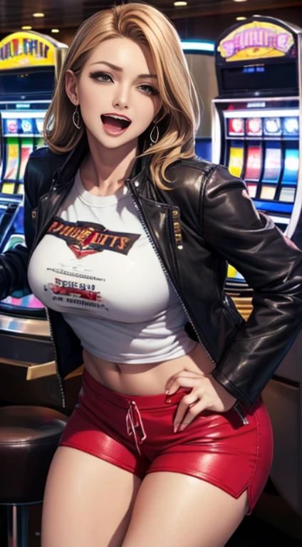 8k, Best Quality, (Beauty), High Definition, Realistic, Real Person, Jackpot at Slot Machine, Guts Pose, Smiling, Screaming, One Young Pretty Girl, Glossy Enamel Shorts, T-shirt Short Enough to Make Your Stomach, Short Leather Jacket, (Wearing a lot of fancy accessories))