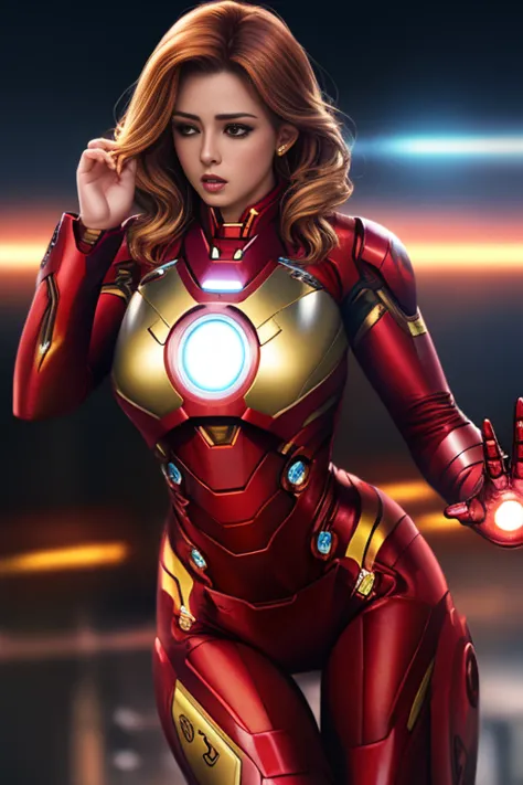 extremely detailed photo of a woman wearing iron man suit, lorachloe, large breasts, wide hips, 8k uhd, raw photography, action ...