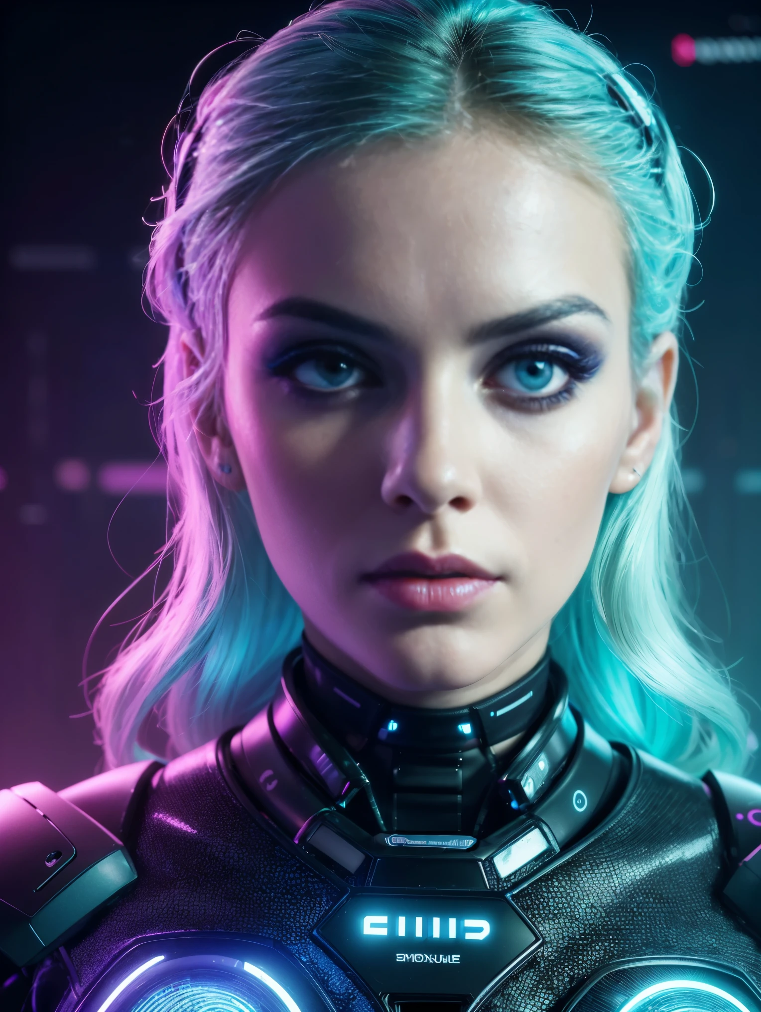 A woman in a futuristic suit with glowing eyes and blue hair - SeaArt AI