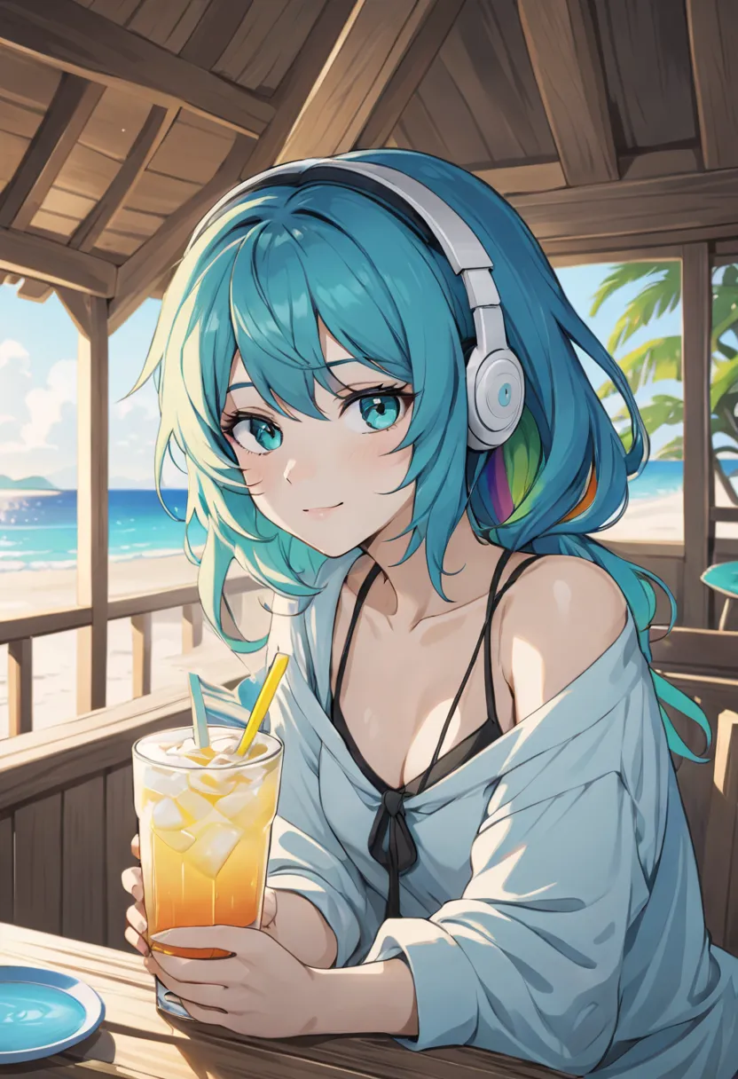 A young woman with tied-up colored Blue cyan aqua hair and eyes resembling a rainbow, listening to calm music on headphones, wit...