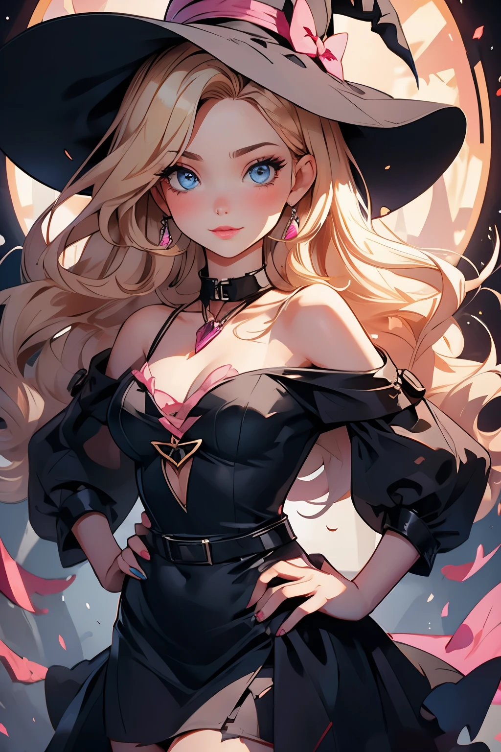 (1girl), masterpiece, stunning eyes, blue eyes, eye_focus, perfect hands, perfect face, perfect anatomy, young_ emale, woman, hands on hips, witch_hat, pin up style, blonde_hair, mascara, pink lips, beautiful shoulders, torn totally black dress, long sleeves