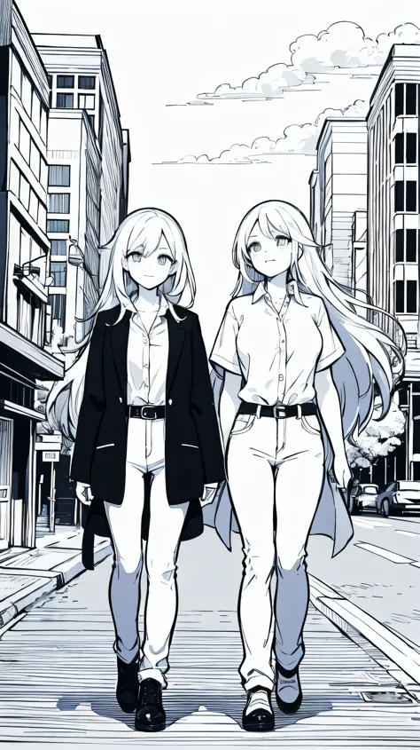 two girls walking down the street, Coloring book has no background color, black and white thin lines, high quality coloring books, Cityscape, color no, no black fill, highest quality, super high quality, white shirt, gray hairs, White Tight Jeans, white co...