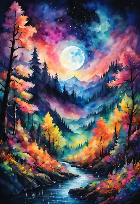 Aurora spreads across the night sky,moon,landscape,watercolor painting,lightのカーテン,colorful,rich colors,dream-like,wonderful,bles...