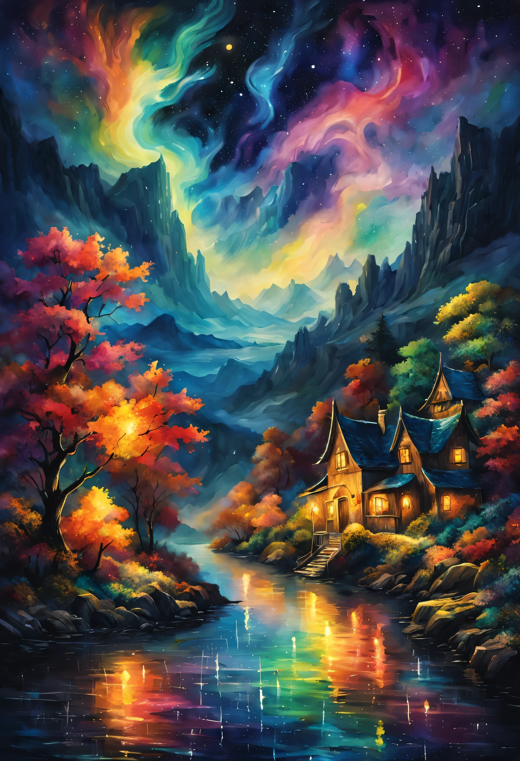 Aurora spreads across the night sky,landscape,watercolor painting,Light Curtain,colorful,rich colors,dream-like,wonderful,bless,Light Grain,dark background,masterpiece,be familiar with,magic effect,light, breathtaking renderings, in a radiant connection, Inspired by Kinuko Y. , magic elements, , Is beautiful, Cast a colorful spell, Bright flash, flash,Van Goffo&#39;painting style