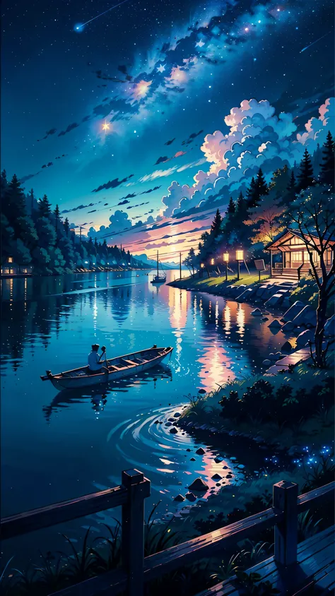 moonriver, boat,  moon, night, sky, scenery, solo, watercraft, outdoors,  water, blue theme, tree, shirt, night sky,  cloud, sta...
