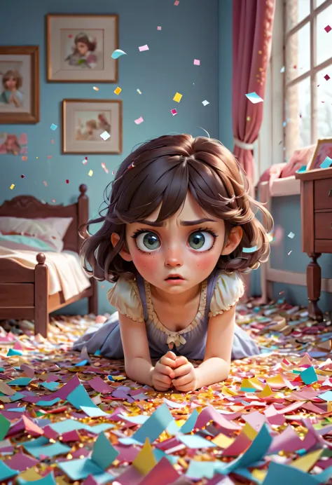 Beautiful bedroom，The wronged children are all in the pieces of paper，torn confetti，Confetti scattered on the ground，Pitiful exp...