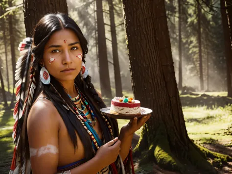 action photo of 25 year old (native american) woman holding a slice of cake and looking at it, (curious expression), xtrhairy, i...