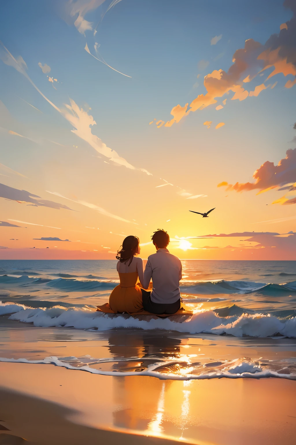 (a couple sitting on the beach watching the sunrise), (oil painting,classic style), bright warm colors, calm and peaceful atmosphere, gentle waves crashing on the shore, soft sand beneath their feet, a small wooden beach chair, the couple holding hands, a sense of love and connection, the reflection of the sun on the water, vibrant shades of orange and yellow painting the sky, the couple's silhouettes against the colorful backdrop, a seagull flying in the distance, a feeling of tranquility and serenity, the couple enjoying the beauty of nature, a touch of romance in the air