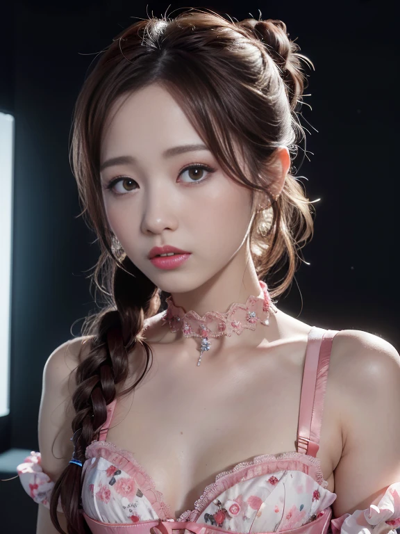 best quality，tmasterpiece，A high resolution，1girl, soft-colored pink Lace floral bra set，hair adornments，choker necklace，jewelry，beautiful face，Dark glossy lipstick，Physically，dingdall effect，realisticlying，dark studio，edge lit，twotonelighting，（highdetailskin：1.2），8k uhd， dslr, softlighting, high high quality, volumettic light, sneak shot, photore, A high resolution, 4k, 8k, Background bokeh, small and firm breast,  bangs, bun, ponytail