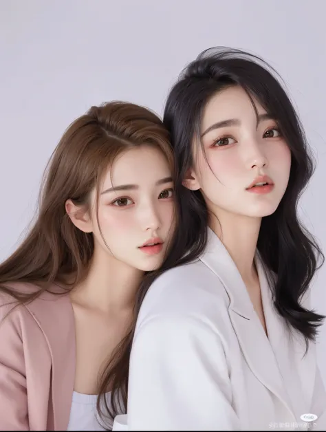 Duas jovens posando para uma foto com vestes brancas, maquiagem sul-coreana popular, maquiagem coreana popular, beautiful Gemini...