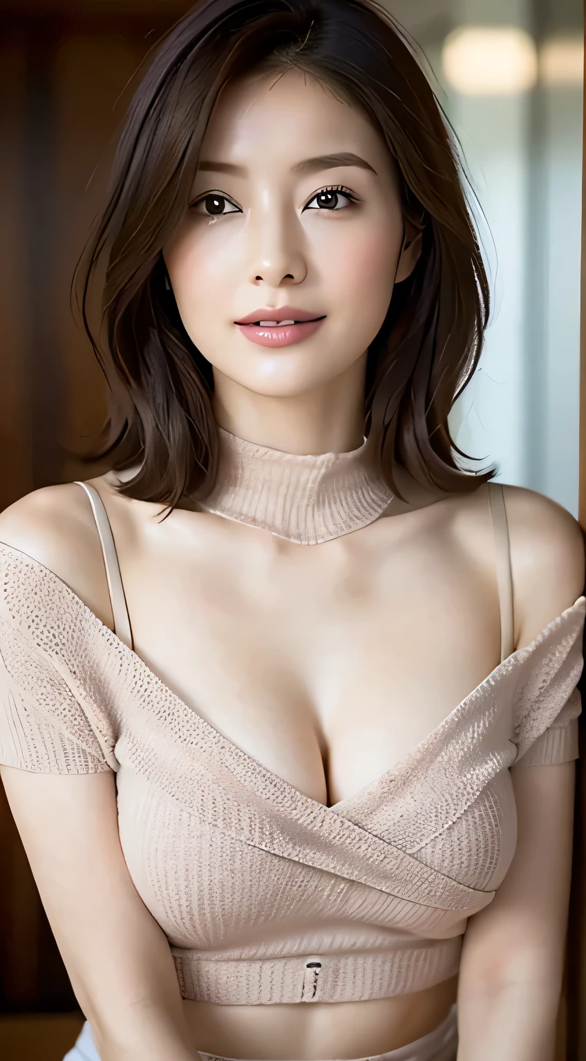 table top, highest quality, Photoreal, finely, High resolution, 8k wallpaper, perfect dynamic composition, beautiful and detailed eyes, medium hair, big and full breasts, random sexy pose,chest to chest、(Very Small Size Mock Neck Crop Tank Top White Knitwear)、(Breast bulge 1.2)、laughter、open your mouth、resort scenery、23 years old、(droopy eyes 1.4)、Adult beauty、beautiful mature woman,