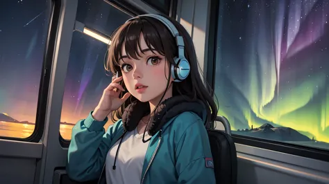 lofi one relaxed brunette girl drives inside bus, looks through window, head glued to window, she sees northern lights over beau...