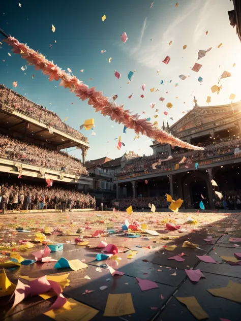 colored confetti:1.5，colored confetti flying in the sky，floating confetti fills the sky，confetti scattered on the stage，in scrap...