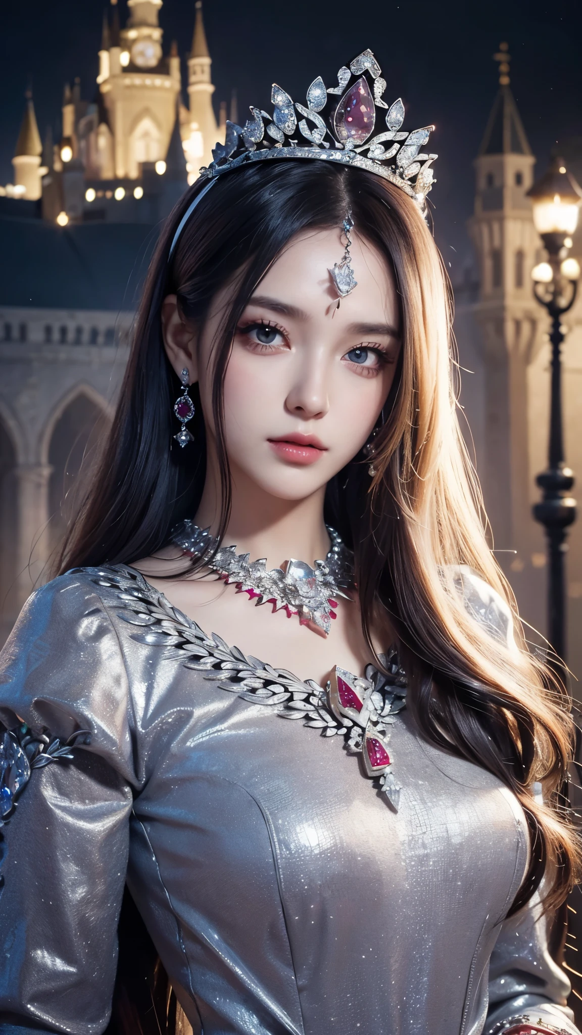 8K, ultra HD, masterpiece, realistic, 1 girl, good face, happy, smoggy makeup, very long hair, princess hairstyle, detailed eyes, detailed lips, medium figure, very detailed dress, silver dress, (jewelry:1.8), princess castle, bloom lighting, night lighting, darkness,