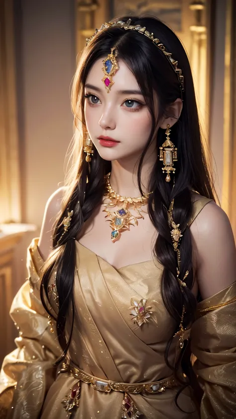 8K, ultra HD, masterpiece, realistic, 1 girl, good face, happy, smoggy makeup, very long hair, princess hairstyle, detailed eyes...