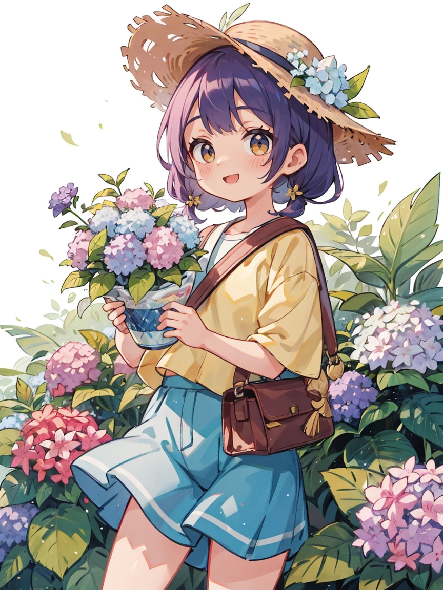 (melhor qualidade, obra de arte),ensolarado，Lente larga，(Cabelo castanho longo)， bonita animada com cabelo castanho longo，with a straw hat，Um grande sorriso，vestindo uma camiseta laranja，Holding a bouquet of hydrangeas，There are a lot of hydrangeas around，Full of hydrangeas，colorida