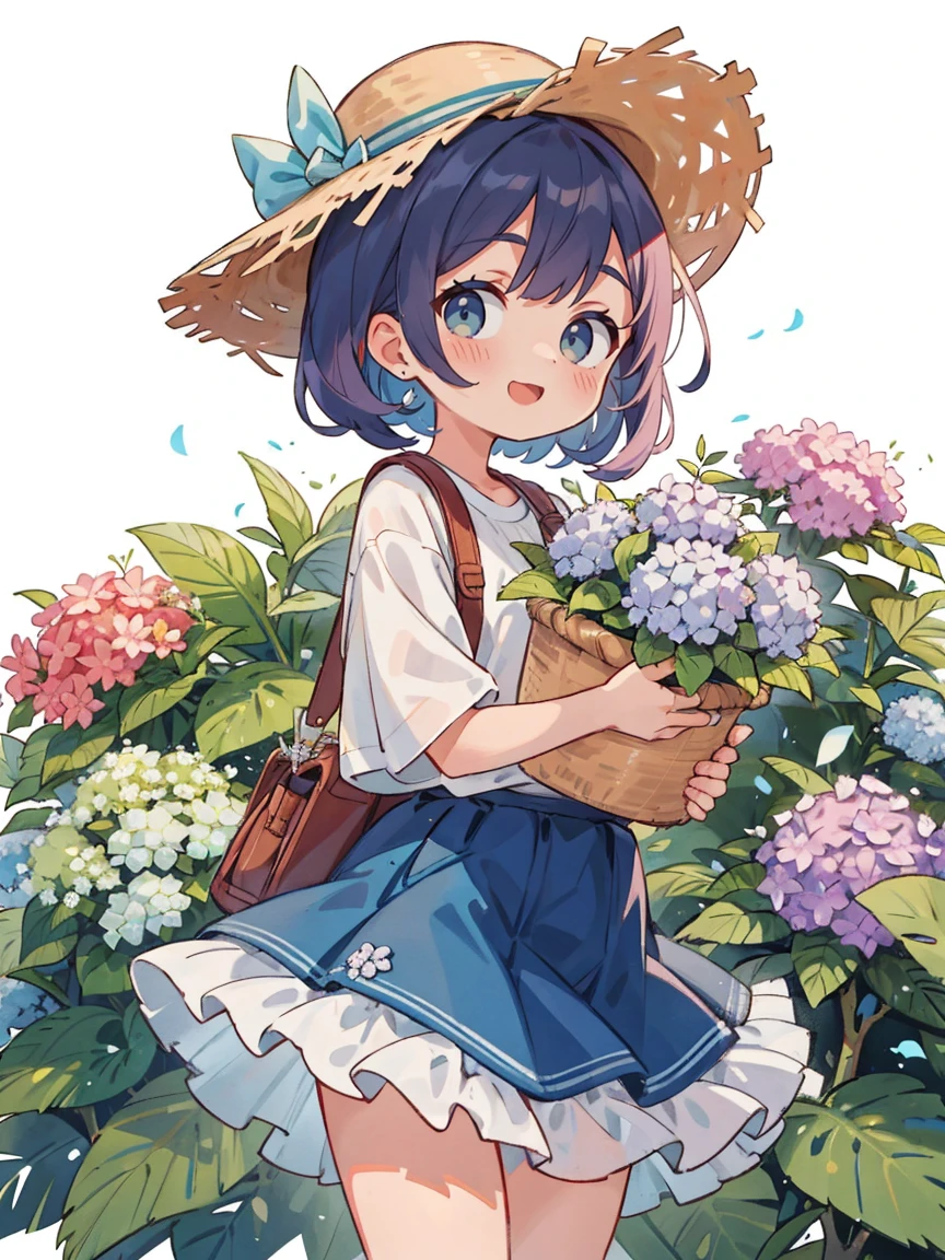 (melhor qualidade, obra de arte),ensolarado，Lente larga，(Cabelo castanho longo)， bonita animada com cabelo castanho longo，with a straw hat，Um grande sorriso，vestindo uma camiseta laranja，Holding a bouquet of hydrangeas，There are a lot of hydrangeas around，Full of hydrangeas，colorida