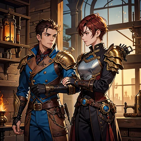 Male with medium dark red hair spiked up, strong features, wearing blue and rustic gold armor, armor is large like steampunk arm...