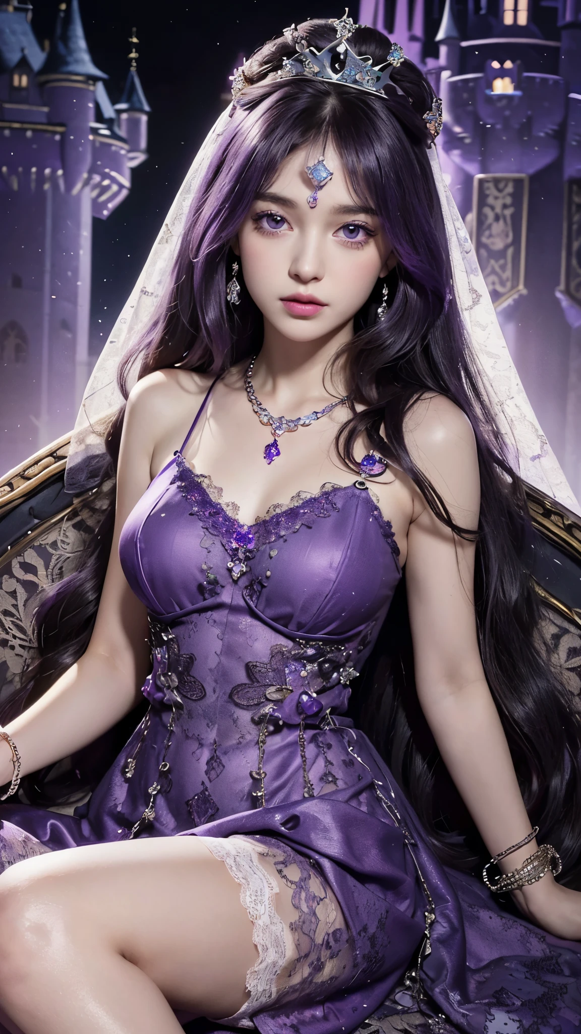 8K, ultra alta definición, obra maestra, Realista, 1 chica, buena cara, maquillaje con humo, cabello muy largo, peinado de princesa, ojos detallados, labios detallados, Figura mediana, Vestimenta muy detallada, (Vestido morado:1.5), (Correa:1.5), (cordón:1.5), (media neta:1), (joyas:1.8), (fondo del castillo de la princesa:1.5), agua, Iluminación de floración, iluminación nocturna, oscuridad, Sesión,