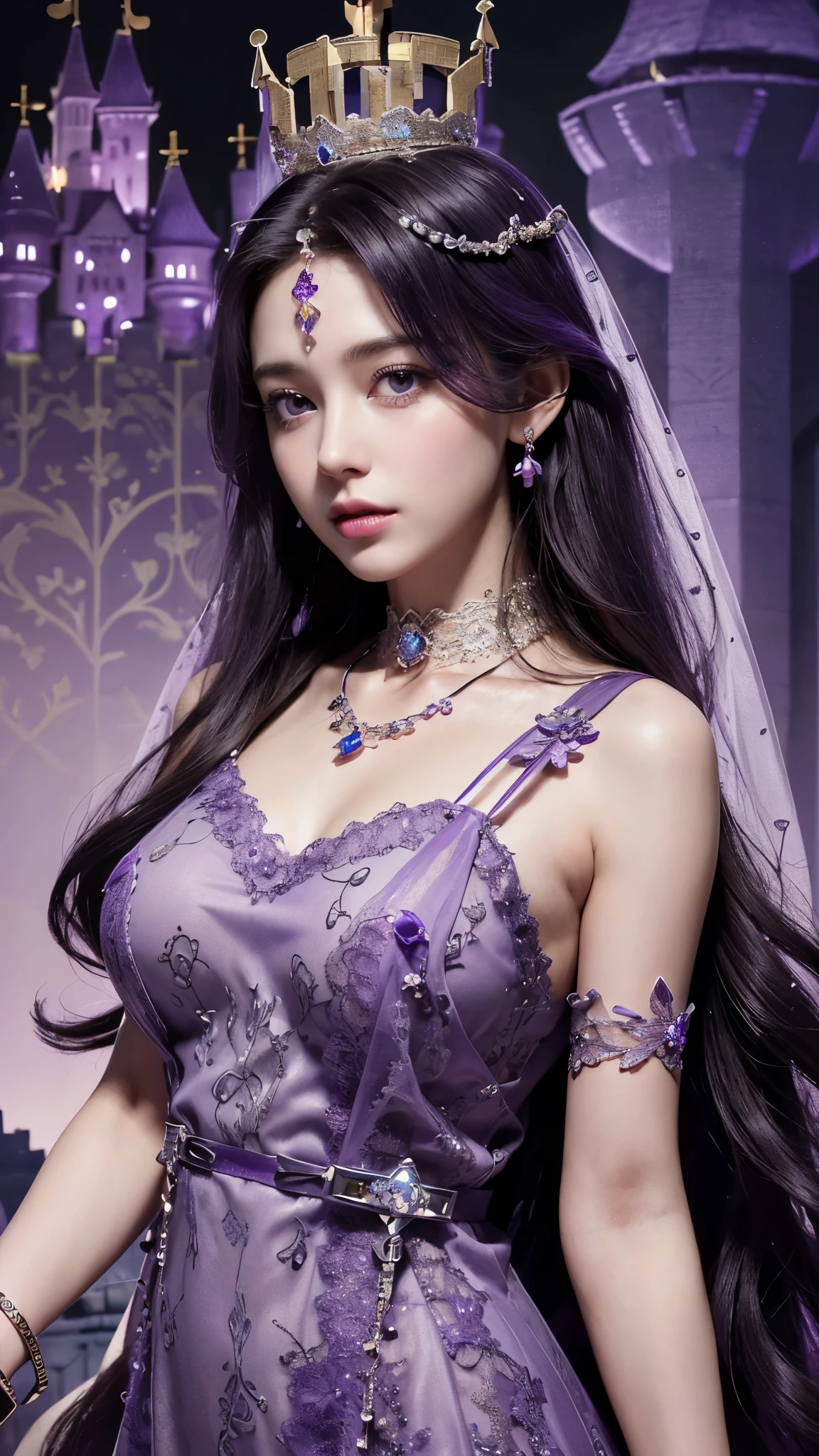 8K, ultra HD, masterpiece, realistic, 1 girl, good face, smoggy makeup, very long hair, princess hairstyle, detailed eyes, detailed lips, medium figure, very detailed dress, (purple dress:1.5), (strap:1.5), (lace:1.5), (net stocking:1), (jewelry:1.8), (princess castle background:1.5), water, bloom lighting, night lighting, darkness,