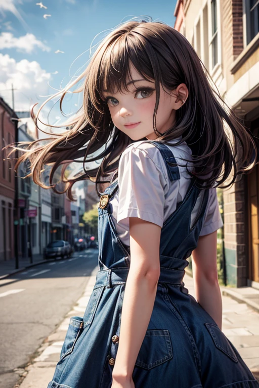 Very cute and beautiful girl,Young, cute face,(Highly detailed beautiful face and eyes:1.2), 3d girl, cgi,denim overall, standing,(from behind),(Viewing viewer),street,small birds,shy smile,brown hair,from below,low_angle_human,(underskirt shot),(highest quality,masterpiece:1.2),High resolution,alone,hair blowing in the wind,beautiful and detailed sky