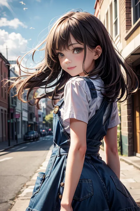 very cute and beautiful girl,young, cute face,(highly detailed beautiful face and eyes:1.2), 3d girl, cgi,denim overall, standin...